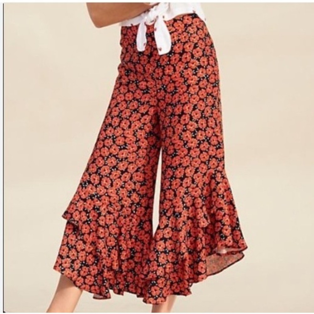 Anthropologie Wide Leg Pants Womens 14 Orange Black Floral Ruffle Hem OB753104